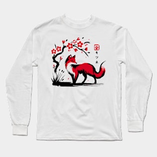 Minimalist Fox Ink Japanese Streetwear Novelty Retro Red Fox Long Sleeve T-Shirt